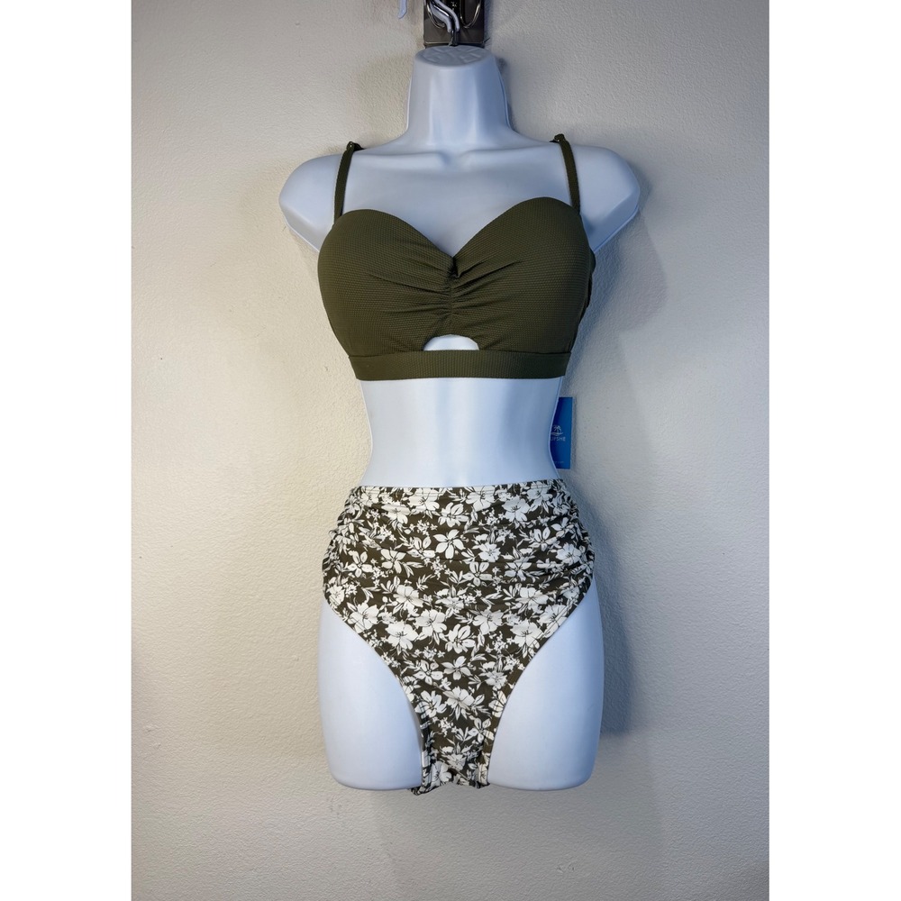 Cupshe Womens XL Green Floral High Waisted Bikini Set  NEW